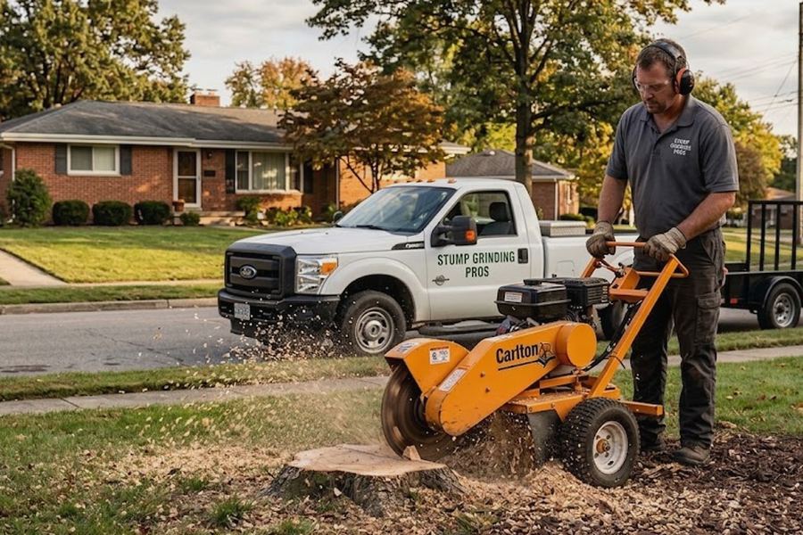 Stump grinder cutting a stump in Ashland City, TN